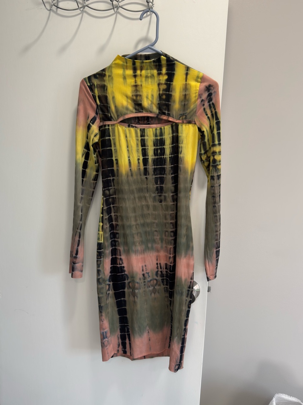 Long Sleeve Tie-Dye Bodycon Dress with Back Cutout - Yellow, Pink & Black